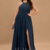 Formal & Evening | A-line Scoop Illusion Floor-Length Lace Chiffon Evening Dress Dark Navy – Womens