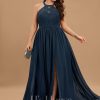 Formal & Evening | A-line Scoop Illusion Floor-Length Lace Chiffon Evening Dress Dark Navy – Womens