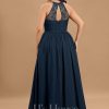 Formal & Evening | A-line Scoop Illusion Floor-Length Lace Chiffon Evening Dress Dark Navy – Womens