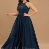 Formal & Evening | A-line Scoop Illusion Floor-Length Lace Chiffon Evening Dress Dark Navy – Womens