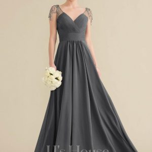 Formal & Evening | A-line V-Neck Floor-Length Chiffon Evening Dress With Pleated Sequins Beading Steel Grey – Womens