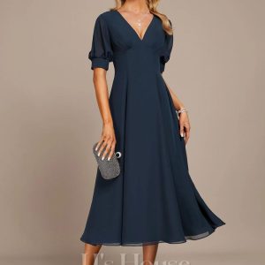 Formal & Evening | A-line V-Neck Tea-Length Chiffon Evening Dress With Pleated Dark Navy – Womens