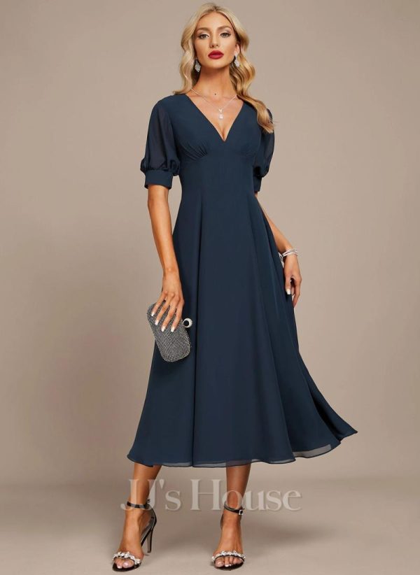 Formal & Evening | A-line V-Neck Tea-Length Chiffon Evening Dress With Pleated Dark Navy – Womens