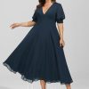 Formal & Evening | A-line V-Neck Tea-Length Chiffon Evening Dress With Pleated Dark Navy – Womens