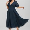 Formal & Evening | A-line V-Neck Tea-Length Chiffon Evening Dress With Pleated Dark Navy – Womens