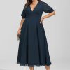 Formal & Evening | A-line V-Neck Tea-Length Chiffon Evening Dress With Pleated Dark Navy – Womens