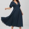 Formal & Evening | A-line V-Neck Tea-Length Chiffon Evening Dress With Pleated Dark Navy – Womens