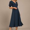 Formal & Evening | A-line V-Neck Tea-Length Chiffon Evening Dress With Pleated Dark Navy – Womens