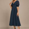 Formal & Evening | A-line V-Neck Tea-Length Chiffon Evening Dress With Pleated Dark Navy – Womens