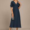 Formal & Evening | A-line V-Neck Tea-Length Chiffon Evening Dress With Pleated Dark Navy – Womens