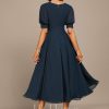 Formal & Evening | A-line V-Neck Tea-Length Chiffon Evening Dress With Pleated Dark Navy – Womens