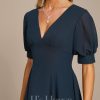 Formal & Evening | A-line V-Neck Tea-Length Chiffon Evening Dress With Pleated Dark Navy – Womens