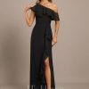 Formal & Evening | Sheath/Column Asymmetrical Floor-Length Chiffon Evening Dress With Cascading Ruffles Black – Womens