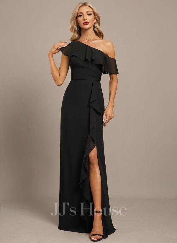 Formal & Evening | Sheath/Column Asymmetrical Floor-Length Chiffon Evening Dress With Cascading Ruffles Black – Womens