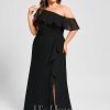 Formal & Evening | Sheath/Column Asymmetrical Floor-Length Chiffon Evening Dress With Cascading Ruffles Black – Womens