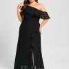 Formal & Evening | Sheath/Column Asymmetrical Floor-Length Chiffon Evening Dress With Cascading Ruffles Black – Womens