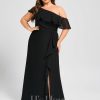 Formal & Evening | Sheath/Column Asymmetrical Floor-Length Chiffon Evening Dress With Cascading Ruffles Black – Womens