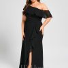 Formal & Evening | Sheath/Column Asymmetrical Floor-Length Chiffon Evening Dress With Cascading Ruffles Black – Womens