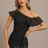 Formal & Evening | Sheath/Column Asymmetrical Floor-Length Chiffon Evening Dress With Cascading Ruffles Black – Womens