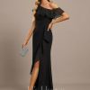 Formal & Evening | Sheath/Column Asymmetrical Floor-Length Chiffon Evening Dress With Cascading Ruffles Black – Womens