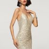 Formal & Evening | Sheath/Column V-Neck Sweep Train Sequin Evening Dress With Pleated As Picture – Womens