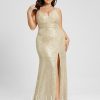 Formal & Evening | Sheath/Column V-Neck Sweep Train Sequin Evening Dress With Pleated As Picture – Womens