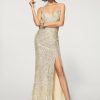 Formal & Evening | Sheath/Column V-Neck Sweep Train Sequin Evening Dress With Pleated As Picture – Womens