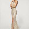 Formal & Evening | Sheath/Column V-Neck Sweep Train Sequin Evening Dress With Pleated As Picture – Womens